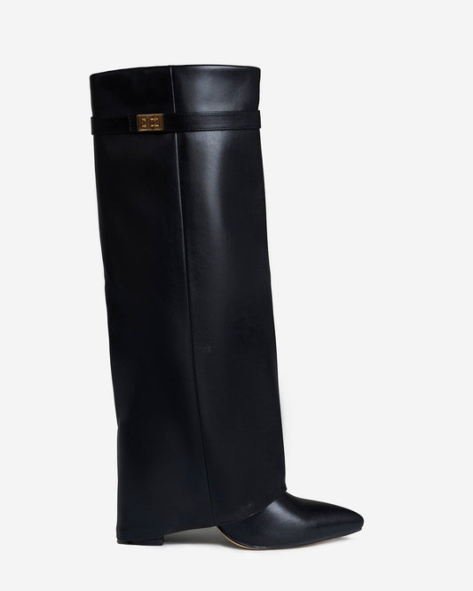 Women's Leather Knee High Boots Fold Over Buckle