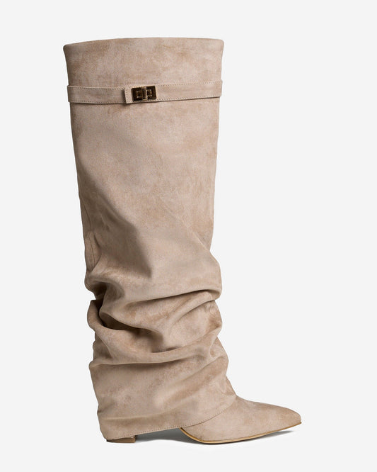 Women's Slouchy Suede Knee High Boots Fold Over Buckle Beige