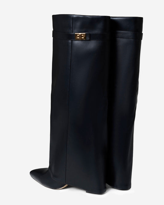 Women's Leather Knee High Boots Fold Over Buckle