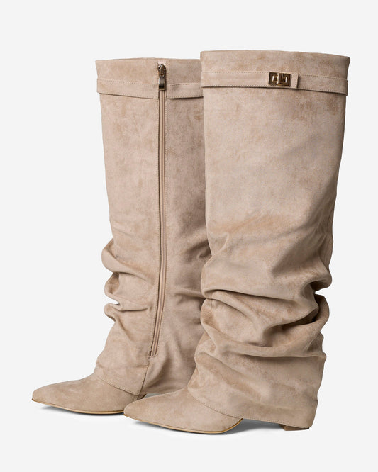 Women's Slouchy Suede Knee High Boots Fold Over Buckle Beige