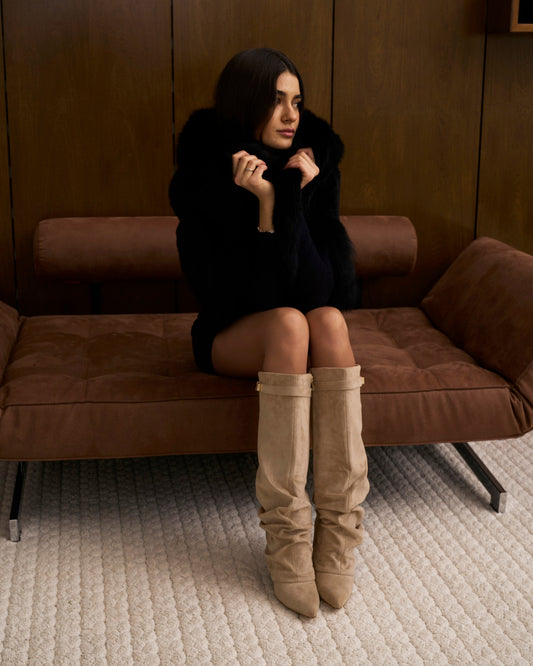 Women's Slouchy Suede Knee High Boots Fold Over Buckle Beige