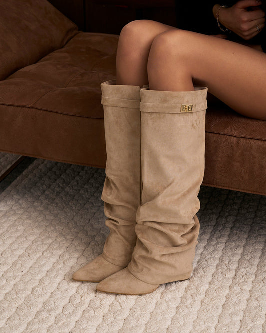 Women's Slouchy Suede Knee High Boots Fold Over Buckle Beige