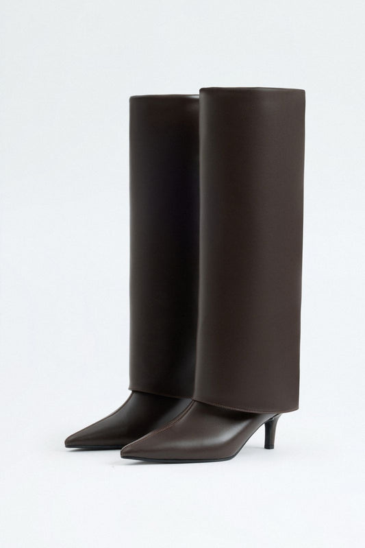 Women's Leather Knee High Boots Pointed Toe Dark Brown