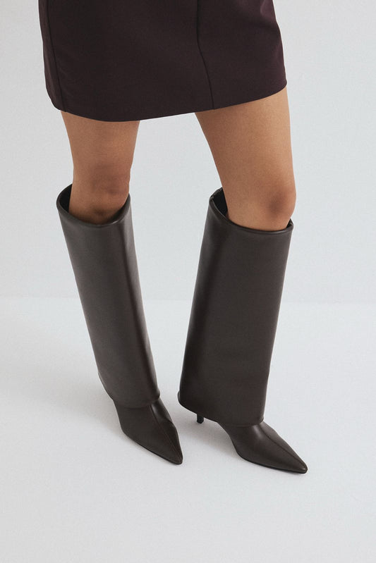 Women's Leather Knee High Boots Pointed Toe Dark Brown