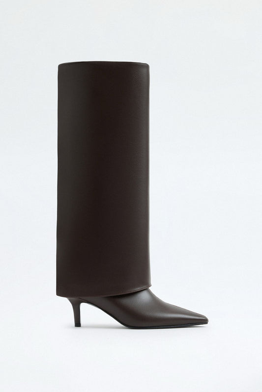 Women's Leather Knee High Boots Pointed Toe Dark Brown