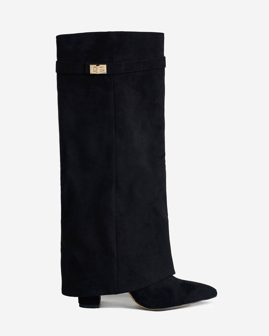 Women's Suede Knee High Boots Fold Over Buckle