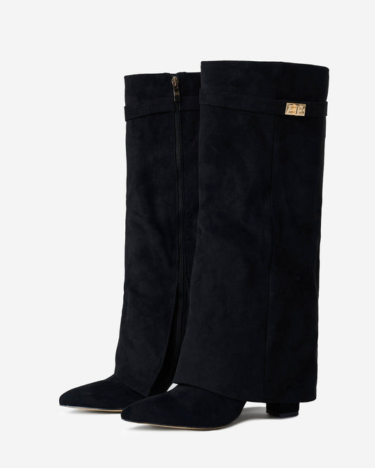 Women's Suede Knee High Boots Fold Over Buckle